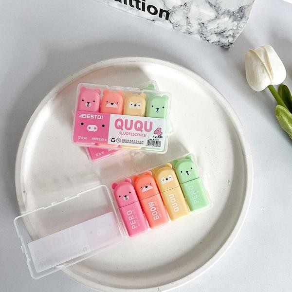 پک چهارتایی هایلایتر پاستلی تدی با رنگ‌های ملایم و نوک نرم مناسب مطالعه و یادداشت